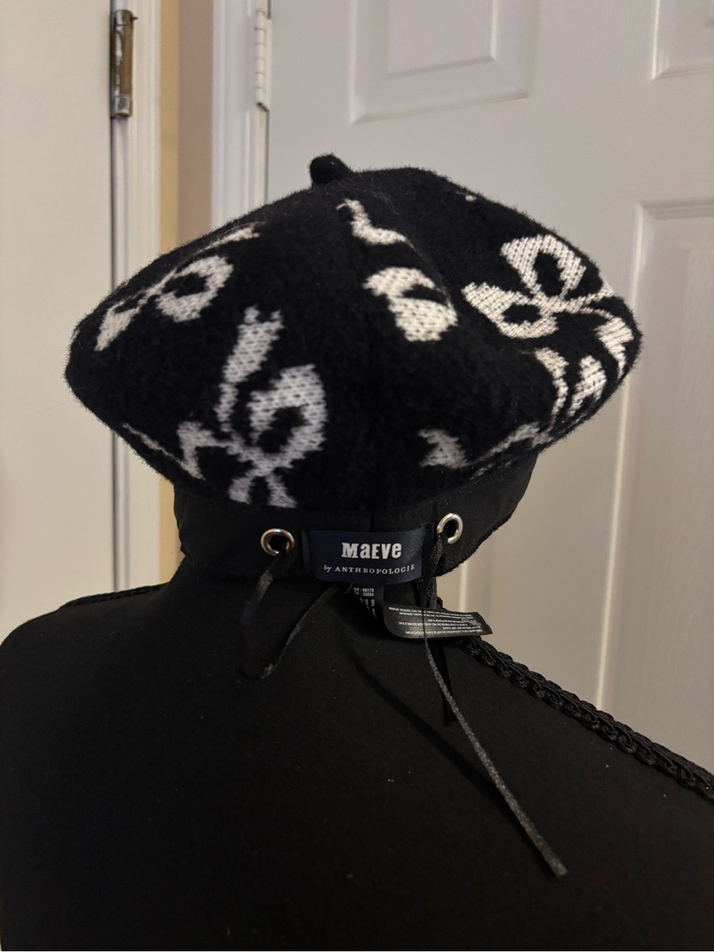 Maeve Black and White Floral Knit Beret